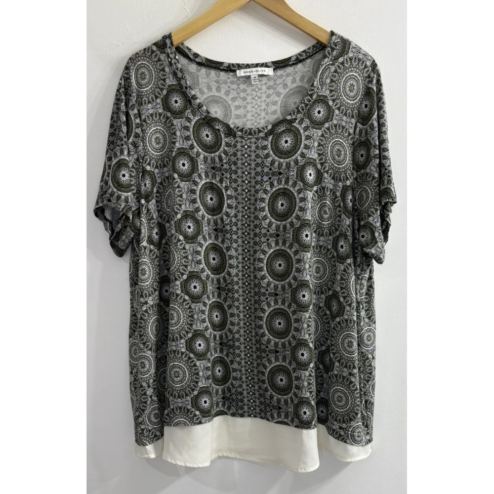 Rose + Olive Womens 2X Green Medallion Print Layered Hem Short Sleeve Top Blouse